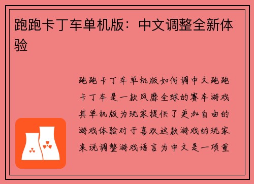 跑跑卡丁车单机版：中文调整全新体验
